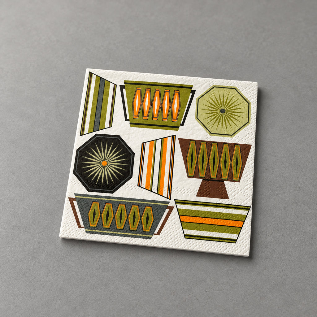 Impish Greetings cocktail napkin with retro mid-century modern Pyrex cookware patterns in blue, green, and orange.