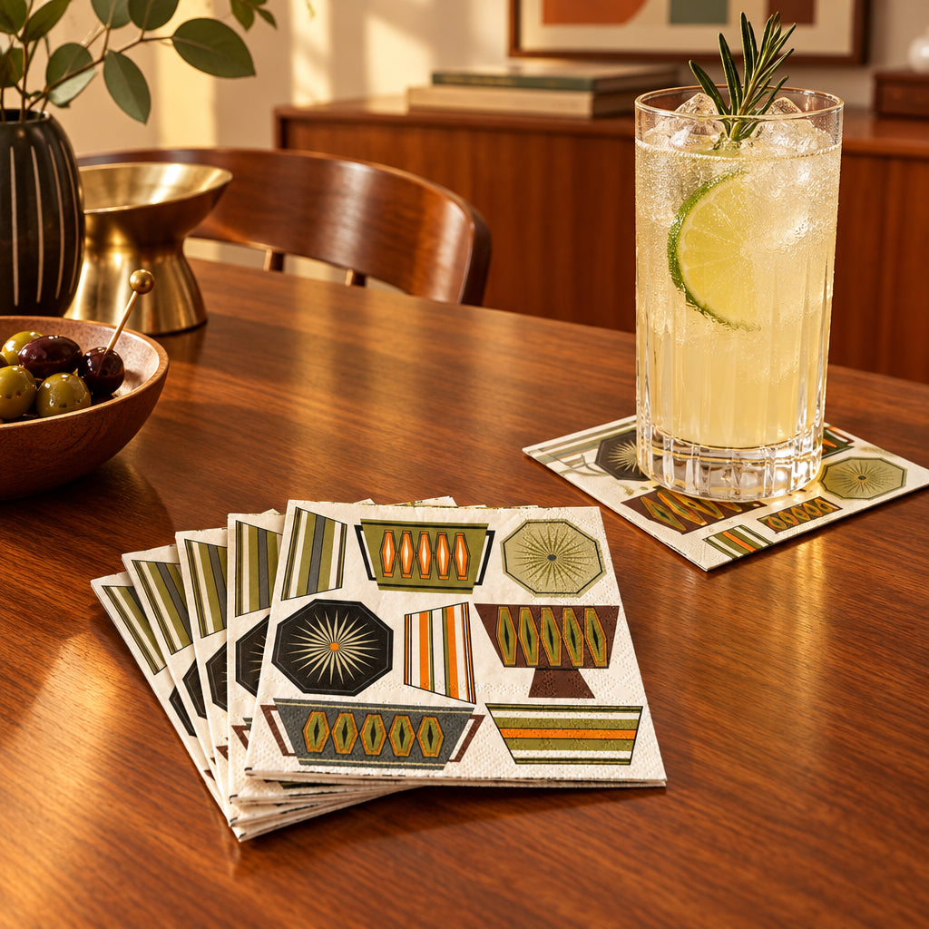 Impish Greetings cocktail napkins featuring retro mid-century modern Pyrex cookware patterns in earthy tones.