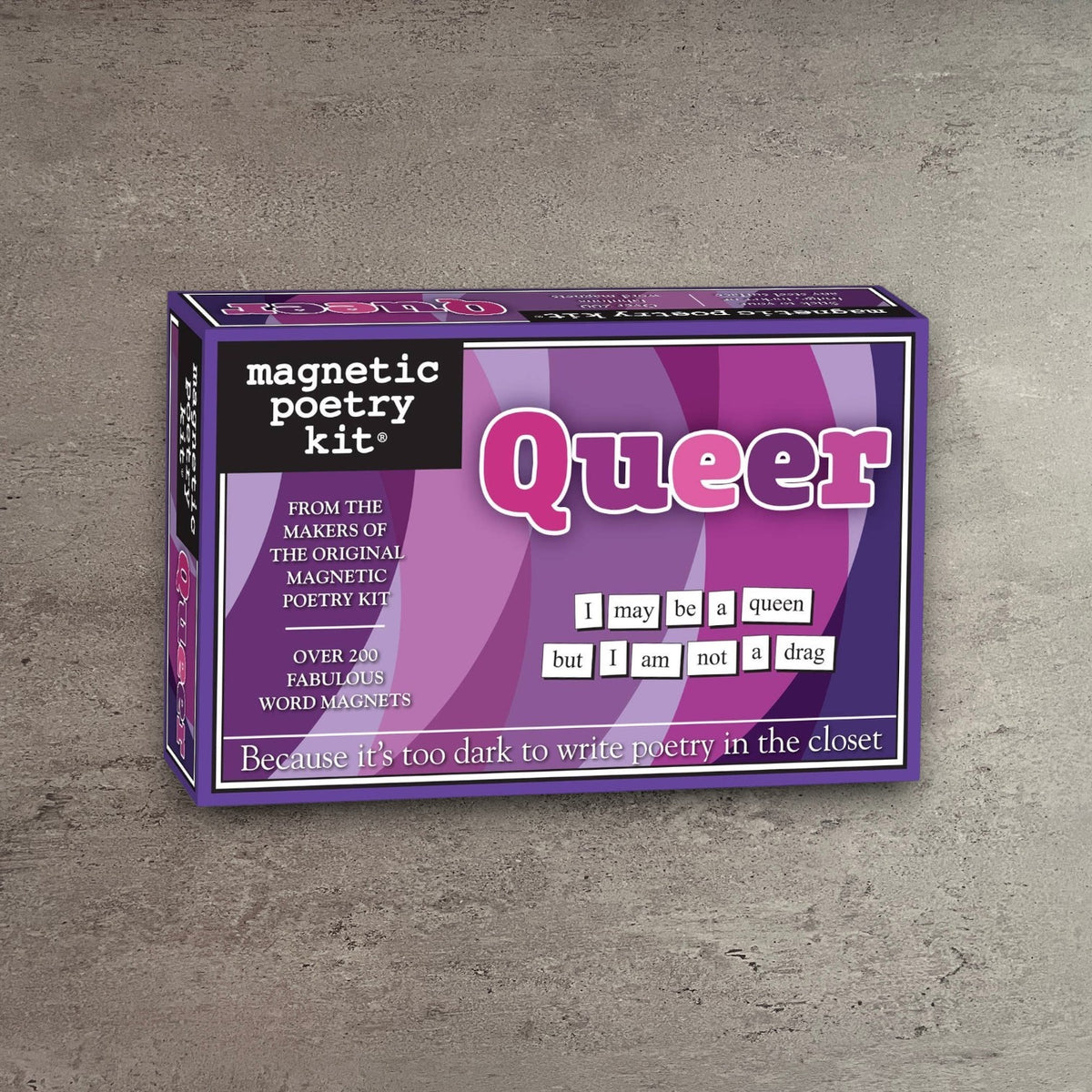 Impish Greetings Queer Magnetic Poetry Kit box with purple packaging and over 200 themed word magnets for the fridge.