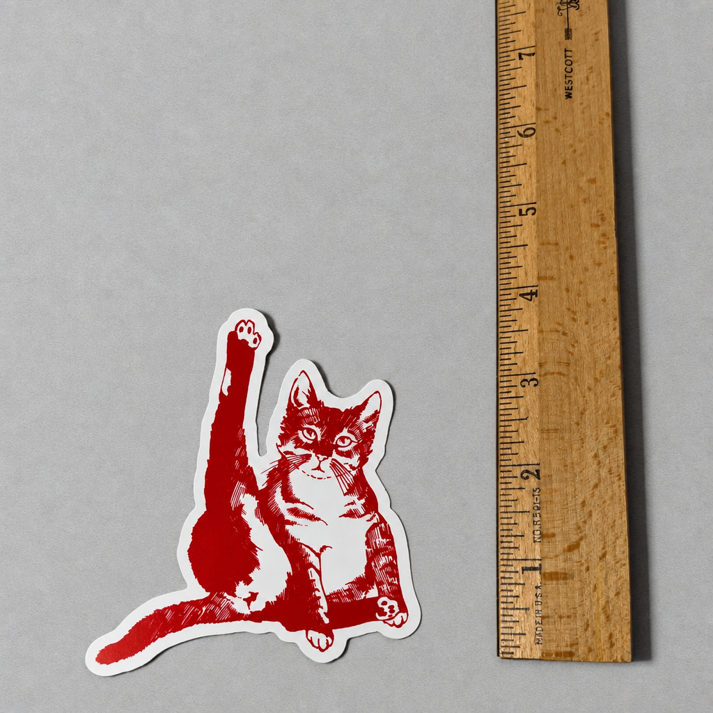 Impish Greetings cat sticker in red vinyl featuring a cat grooming itself, shown next to a wooden ruler for scale.