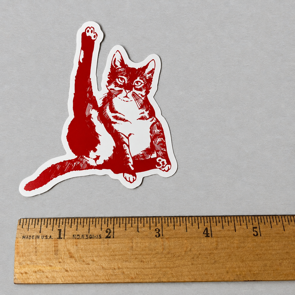 Impish Greetings red cat sticker featuring a cat grooming itself, printed on durable waterproof vinyl.