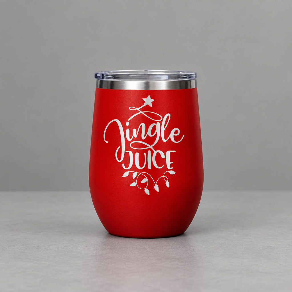 Impish Greetings red metal tumbler with Jingle Juice laser engraving and clear plastic lid for holiday drinks