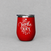 Impish Greetings red metal Jingle Juice Christmas tumbler with a clear plastic lid and laser engraved festive design.