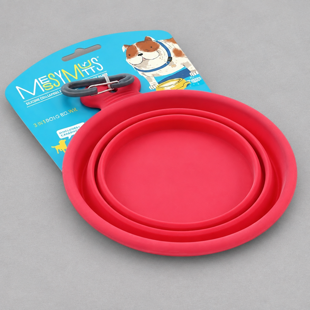Impish Greetings Messy Mutts red collapsible silicone travel bowl for dogs with an attached carabiner clip.