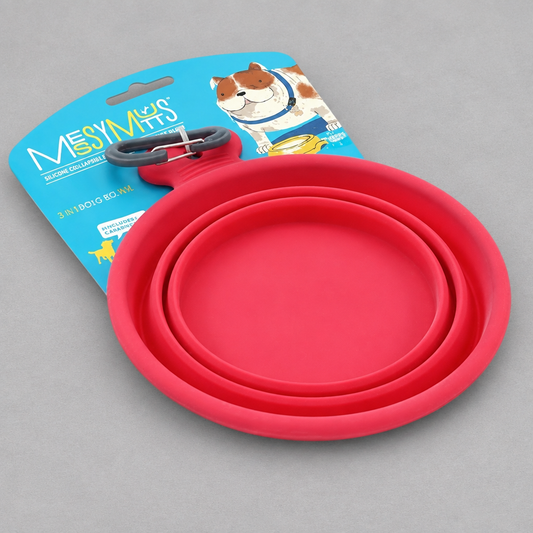 Impish Greetings Messy Mutts red collapsible silicone travel bowl for dogs with an attached carabiner clip.