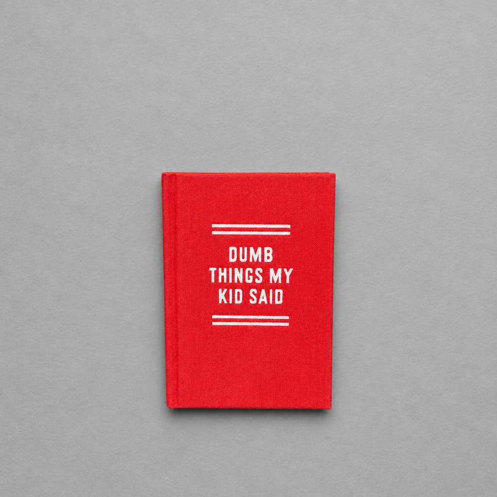 Impish Greetings red felt tiny diary with white text for recording funny things kids say, hard-bound with gold edges.