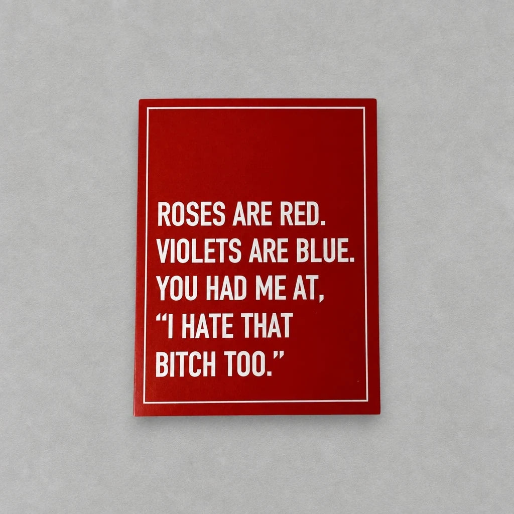 Impish Greetings A2 greeting card with white text on a red background reading Roses are red, Violets are blue.