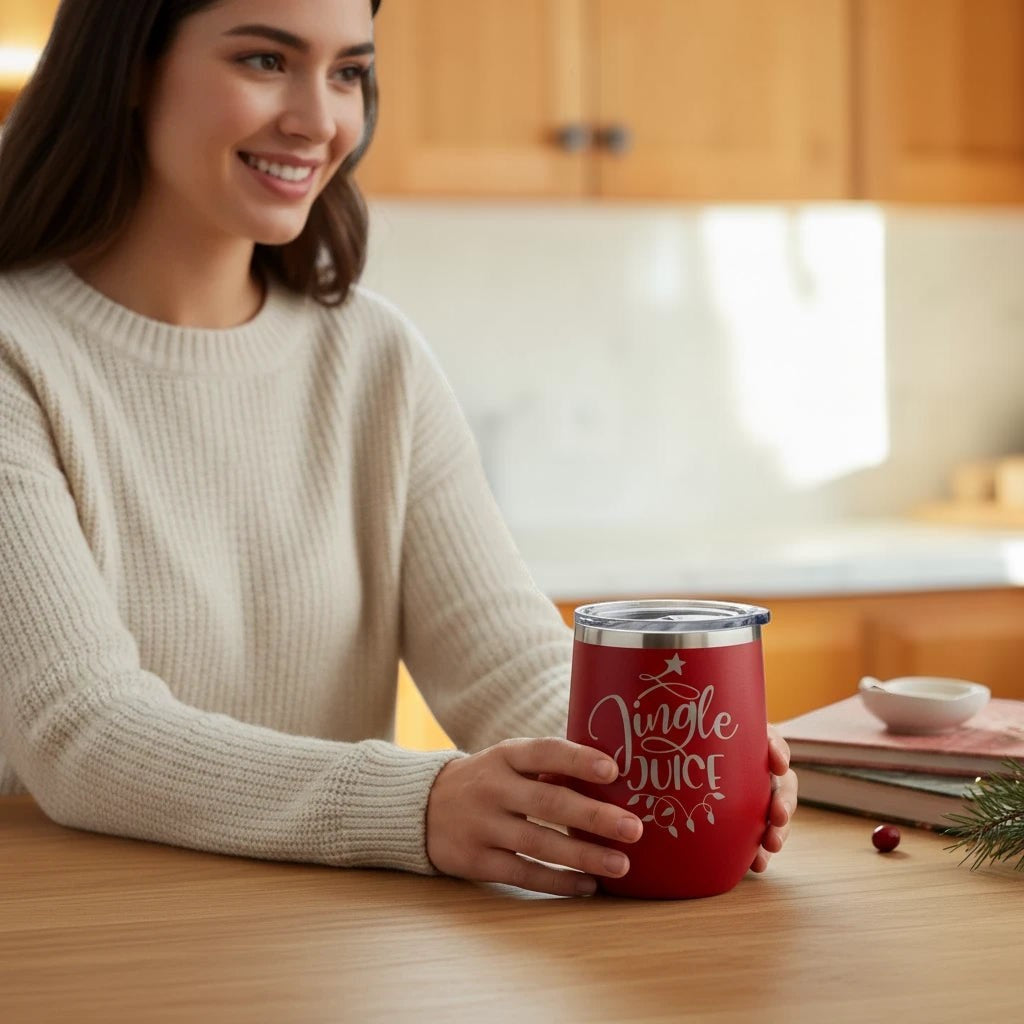 Impish Greetings red metal Jingle Juice tumbler held by a smiling woman in a cozy kitchen setting.