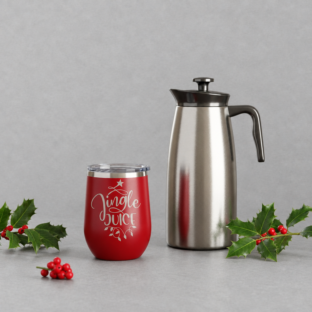 Impish Greetings red metal Jingle Juice tumbler with laser engraving, clear lid, and festive holly decorations.