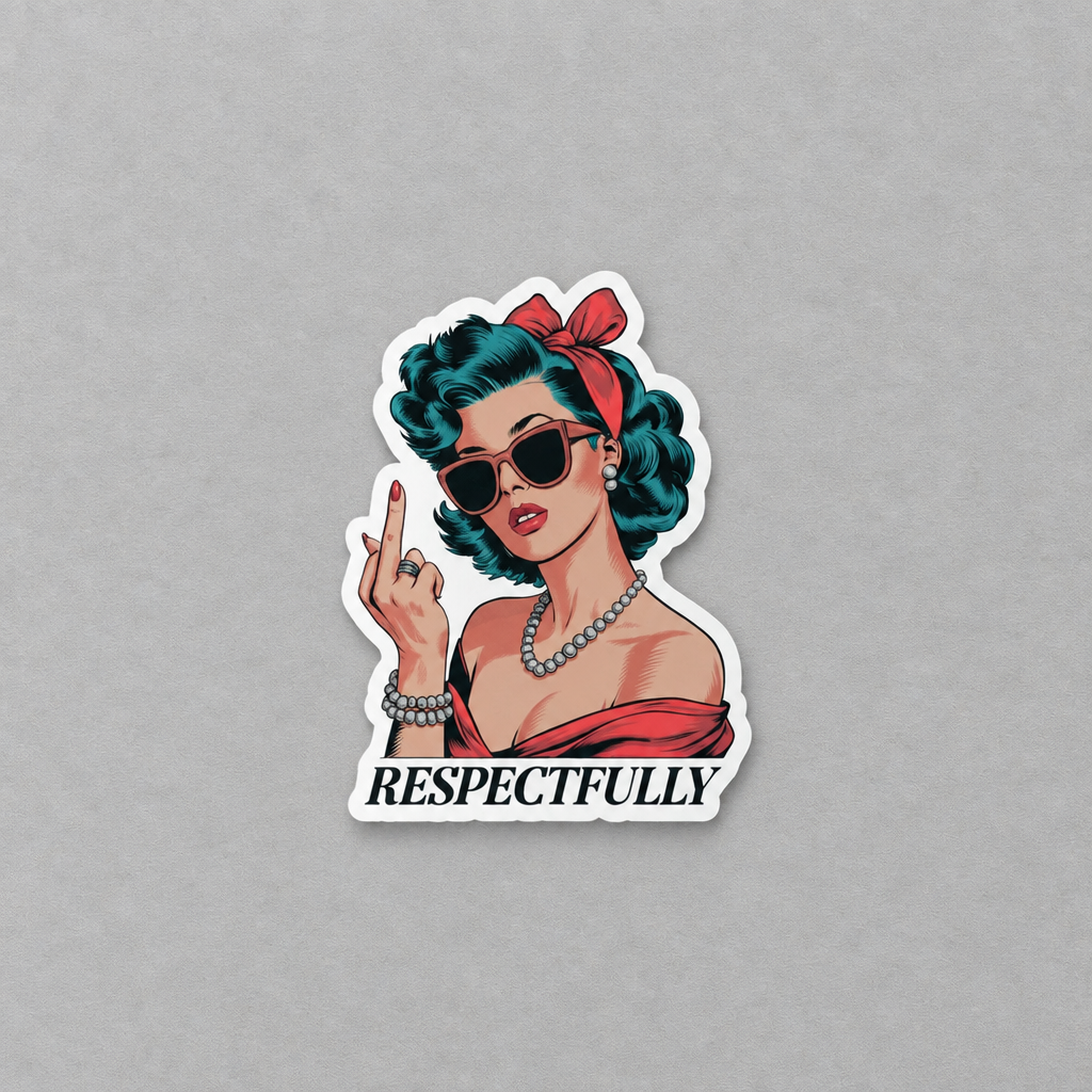 Impish Greetings Respectfully vinyl sticker featuring a retro pin-up woman in sunglasses giving the middle finger.