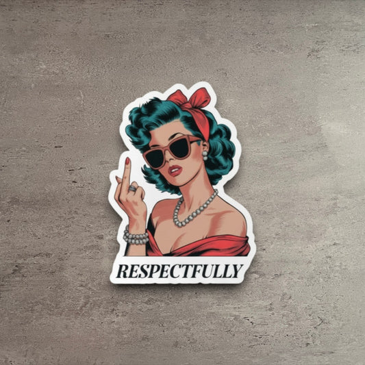 Impish Greetings Respectfully vinyl sticker featuring a retro pin-up woman in sunglasses giving the middle finger.