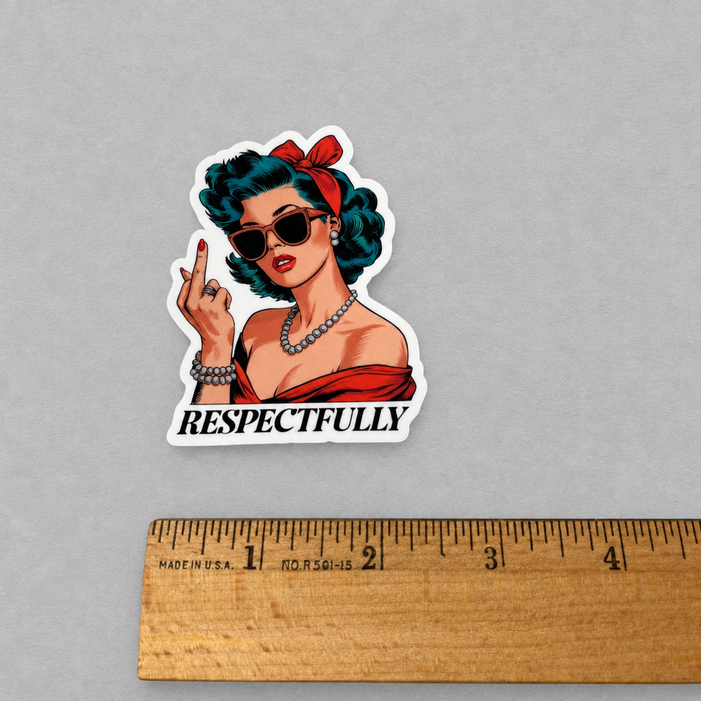 Impish Greetings Respectfully vinyl sticker featuring a retro pop art woman in sunglasses giving the middle finger.
