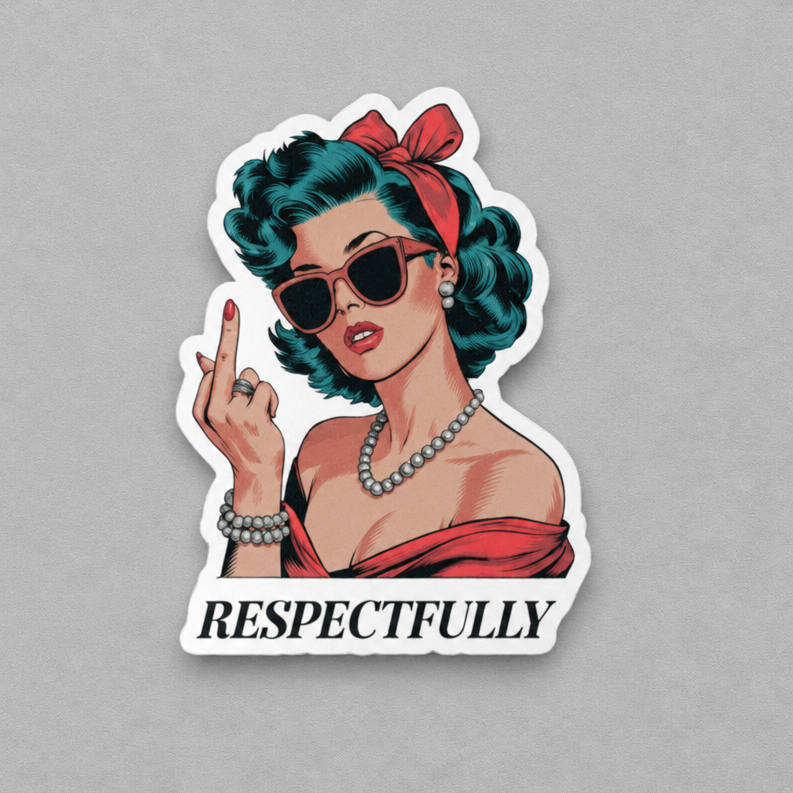 Impish Greetings waterproof vinyl sticker featuring a retro pin-up woman wearing sunglasses and giving the middle finger