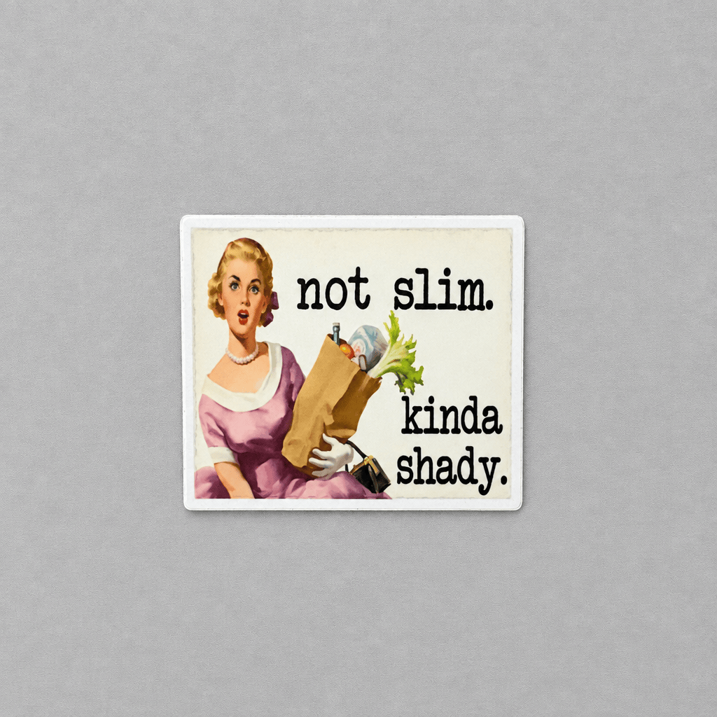 Impish Greetings Not Slim Kinda Shady vinyl sticker featuring a retro housewife illustration with groceries