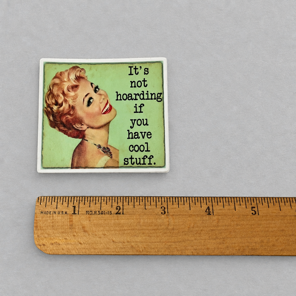 Impish Greetings vinyl sticker featuring a vintage woman illustration and the text It's Not Hoarding If You Have Cool Stuff
