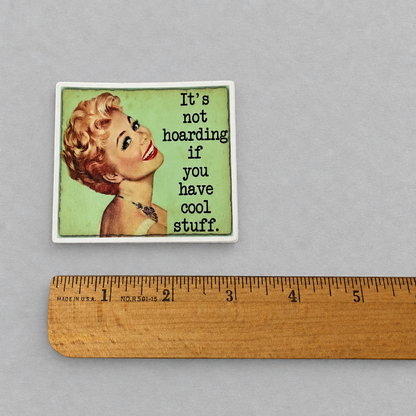 Impish Greetings vinyl sticker featuring a vintage woman illustration and the text It's Not Hoarding If You Have Cool Stuff