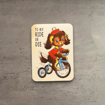 Impish Greetings vintage style greeting card featuring a cute puppy on a tricycle with To My Ride or Die text
