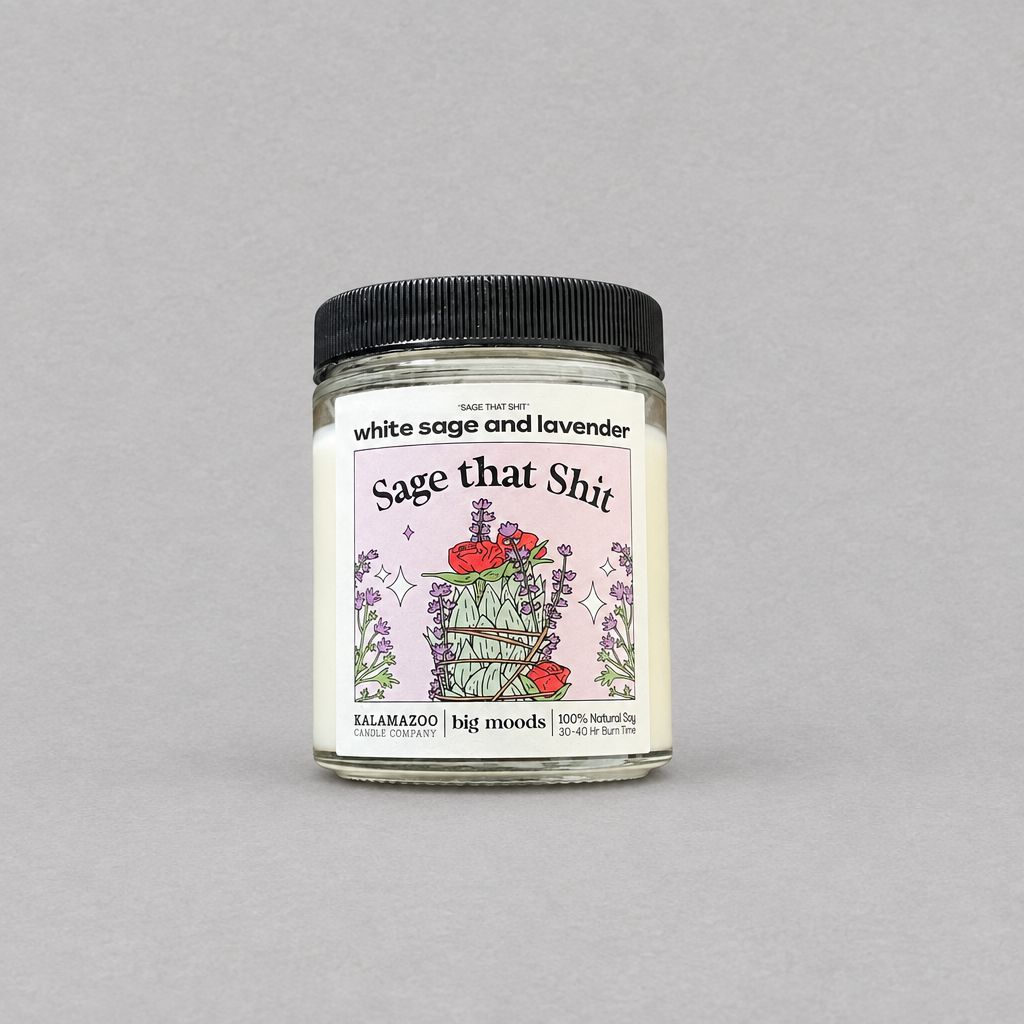 Impish Greetings Sage That Shit soy candle with white sage and lavender scent in a glass jar with black lid