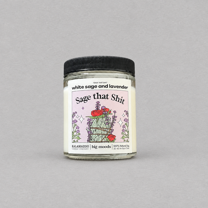 Impish Greetings Sage That Shit soy candle with white sage and lavender scent in a glass jar with black lid