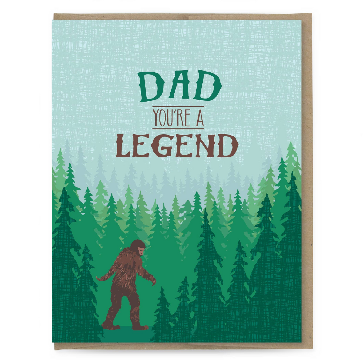 Impish Greetings Sasquatch Legend Dad card featuring a Bigfoot illustration in a forest with text Dad You're a Legend