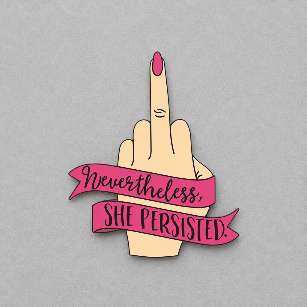 Impish Greetings vinyl sticker featuring a hand giving the middle finger with a pink banner reading She Persisted