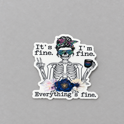 Impish Greetings vinyl sticker featuring a skeleton with leopard print glasses and headband holding a coffee mug