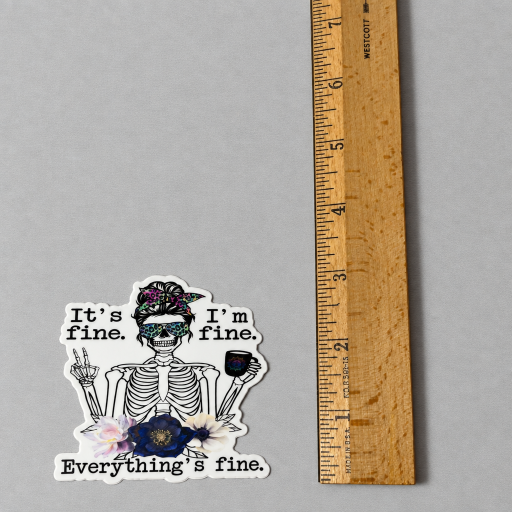 Impish Greetings vinyl sticker featuring a skeleton with a floral headband, sunglasses, and coffee, matte finish.