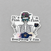 Impish Greetings vinyl sticker featuring a skeleton with leopard print glasses and headband holding a coffee mug.
