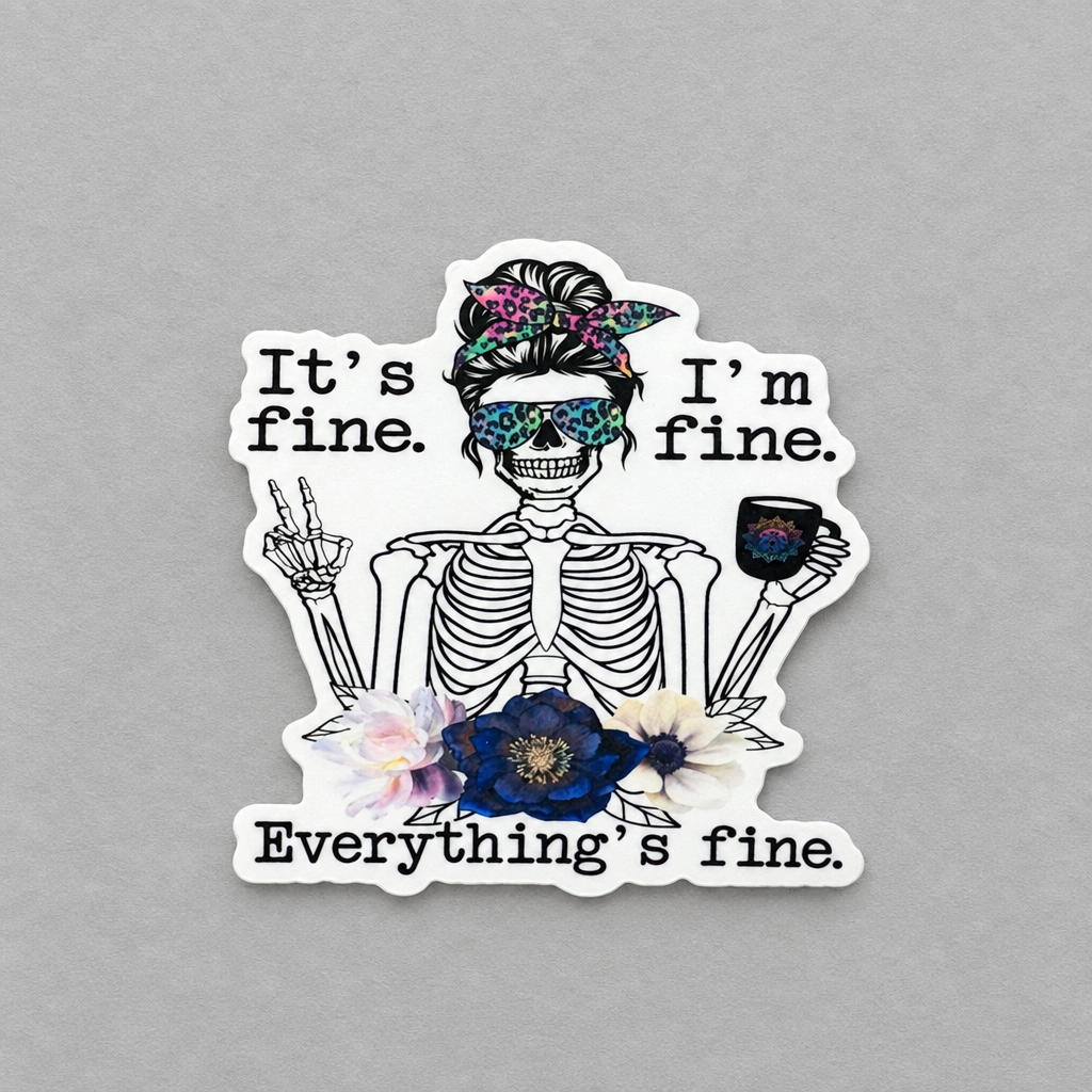 Impish Greetings vinyl sticker featuring a skeleton with leopard print glasses and headband holding a coffee mug.