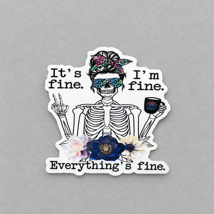 Impish Greetings vinyl sticker featuring a skeleton with leopard print glasses and headband holding a coffee mug.