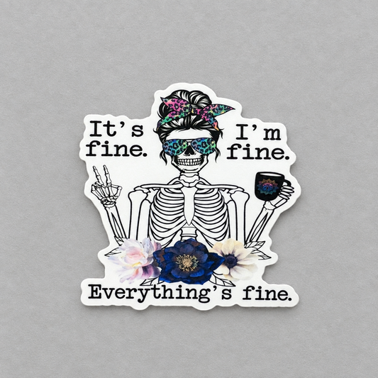 Impish Greetings vinyl sticker featuring a skeleton with leopard print glasses and headband holding a coffee mug.