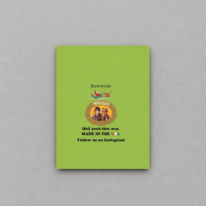 Impish Greetings Sleigh Queen Christmas card back view with green background and Paper Sluts branding