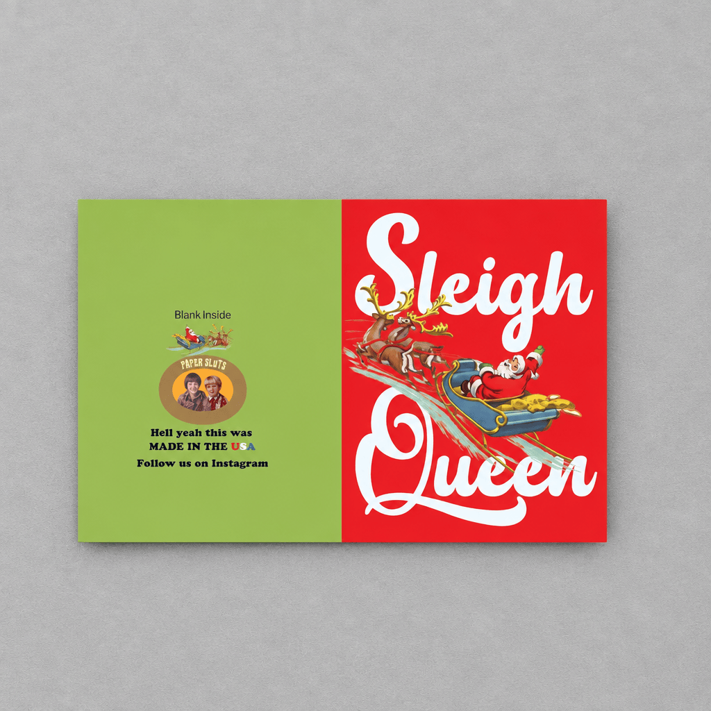 Impish Greetings Sleigh Queen Christmas card with red and green design featuring Santa in a sleigh on the front.