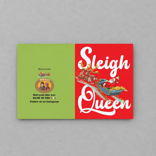 Impish Greetings Sleigh Queen Christmas card with red and green design featuring Santa in a sleigh on the front.