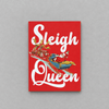 Impish Greetings Sleigh Queen Christmas card featuring Santa in a blue sleigh with reindeer on a vibrant red background