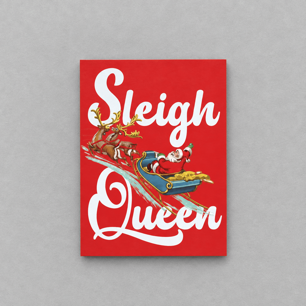 Impish Greetings Sleigh Queen Christmas card featuring Santa in a blue sleigh with reindeer on a vibrant red background