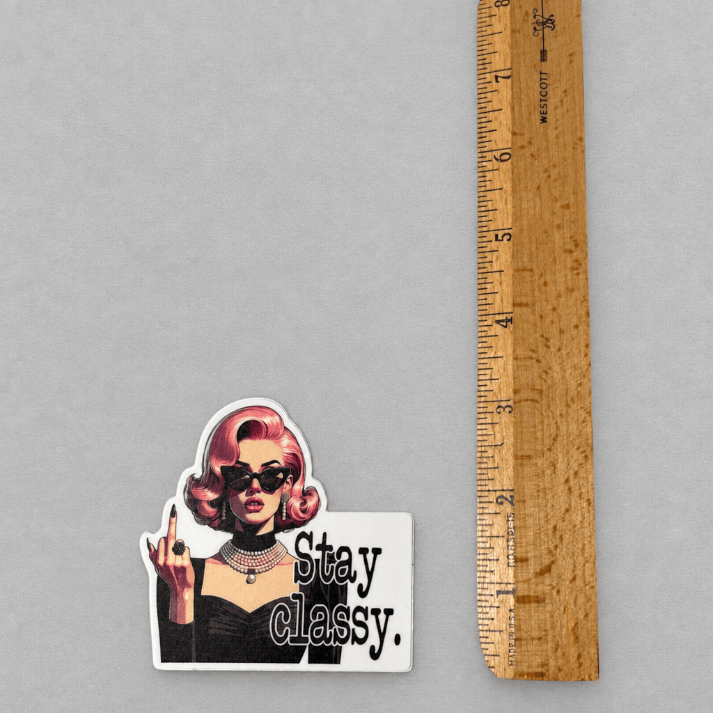 Impish Greetings Stay Classy retro vinyl sticker featuring a vintage woman giving the middle finger, matte finish.