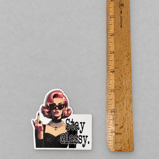 Impish Greetings Stay Classy retro vinyl sticker featuring a vintage woman giving the middle finger, matte finish.