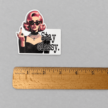 Impish Greetings Stay Classy retro vinyl sticker featuring a woman in sunglasses giving the middle finger