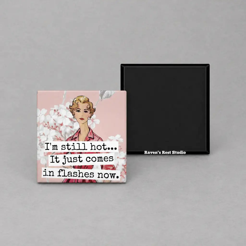 Impish Greetings square magnet featuring a vintage illustration of a woman with text about hot flashes.