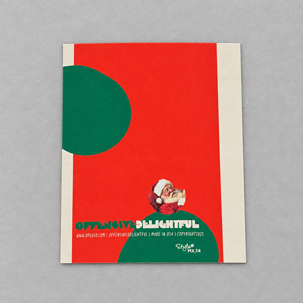 Impish Greetings Still Up? Christmas card featuring a vintage Santa collage on a red and green graphic background.
