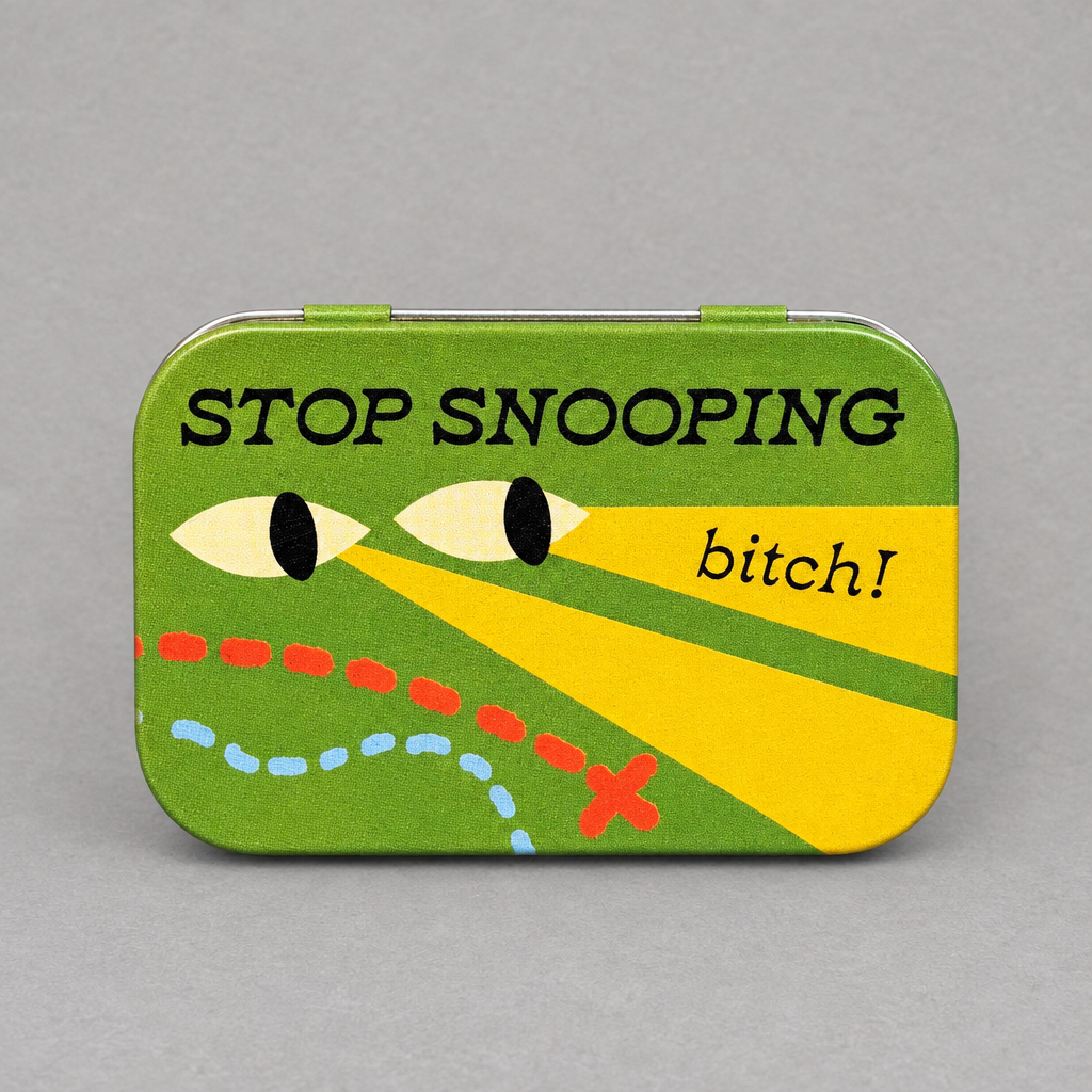 Impish Greetings Stop Snooping Bitch stash tin with green and yellow graphic design and hinged lid