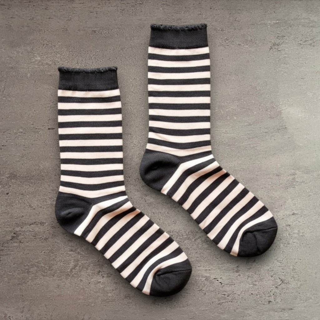 Impish Greetings black and white striped organic cotton crew socks with scalloped edges for Halloween