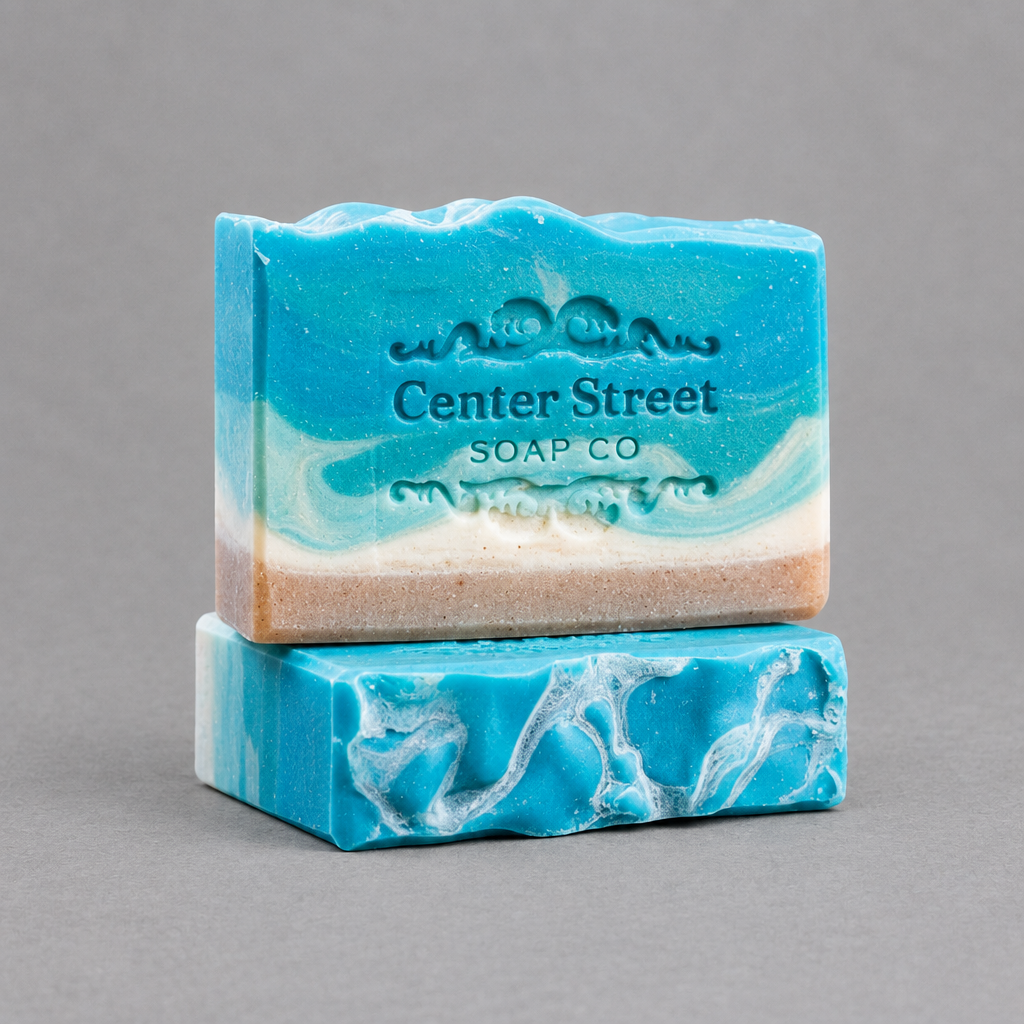 Impish Greetings Summer Cottage artisan soap bars with blue and white coastal swirl patterns on a grey background