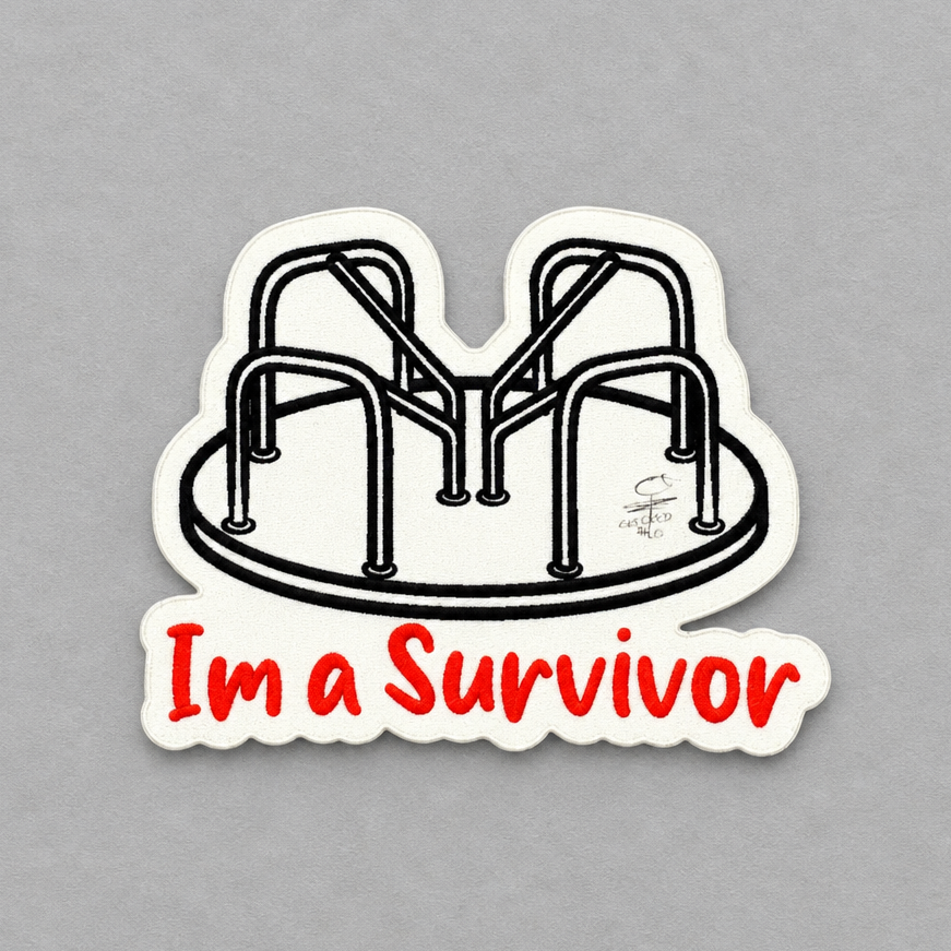 Impish Greetings I'm a Survivor vinyl sticker featuring a black and white playground merry-go-round illustration.