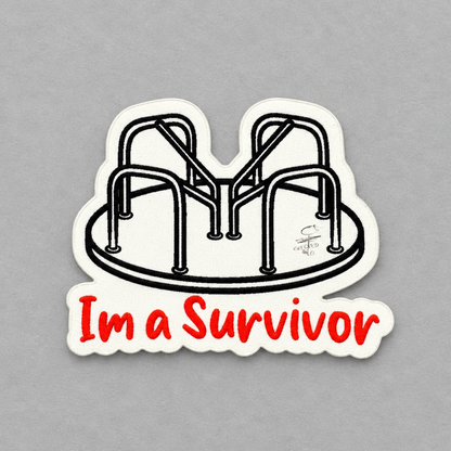 Impish Greetings I'm a Survivor vinyl sticker featuring a black and white playground merry-go-round illustration.