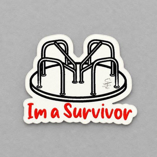Impish Greetings I'm a Survivor vinyl sticker featuring a black and white playground merry-go-round illustration.