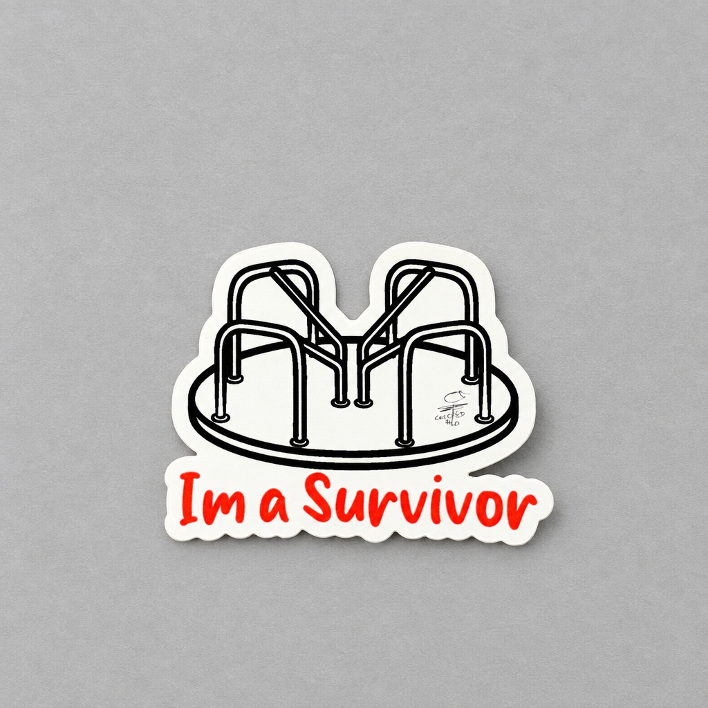 Impish Greetings I’m a Survivor vinyl sticker featuring a black and white playground merry-go-round illustration.