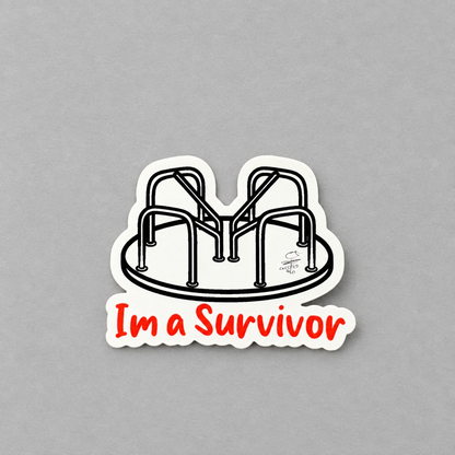 Impish Greetings I’m a Survivor vinyl sticker featuring a black and white playground merry-go-round illustration.