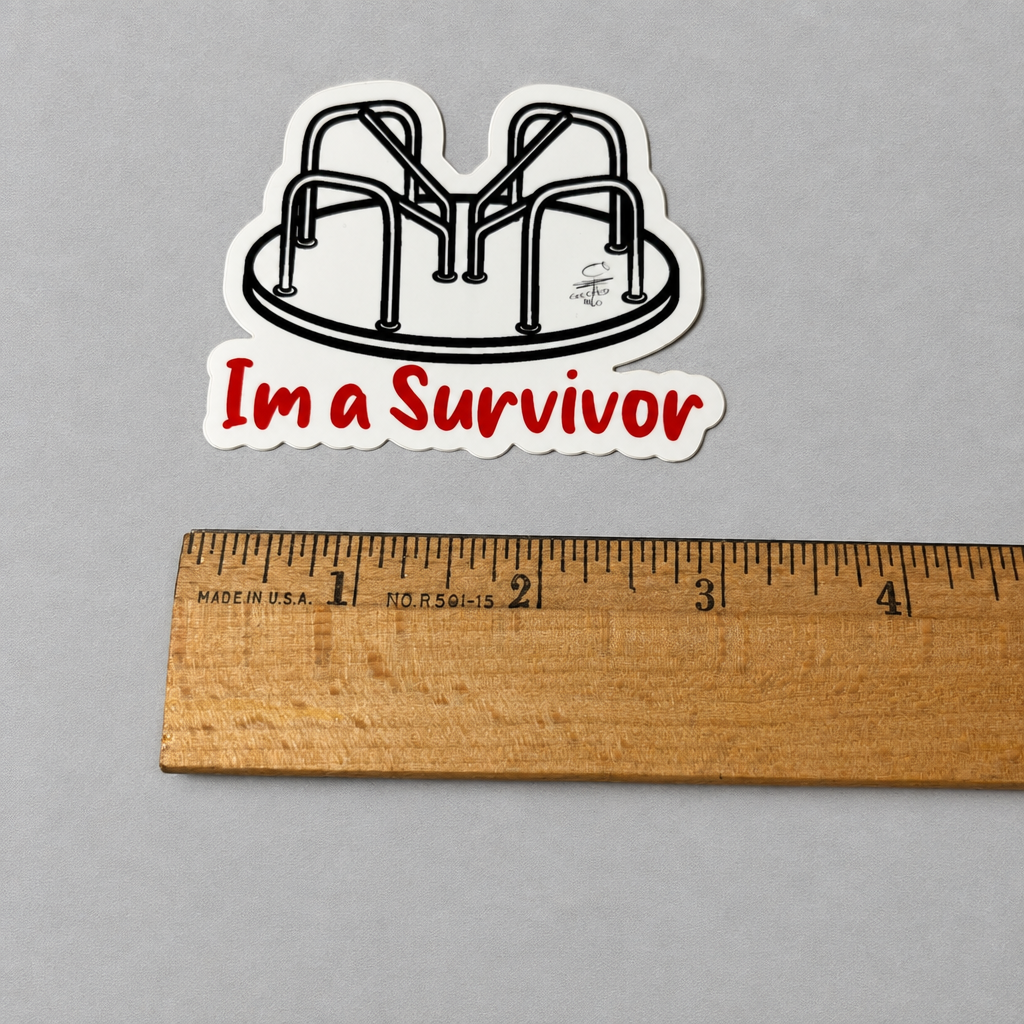 Impish Greetings I’m a Survivor vinyl sticker featuring a 1970s playground merry-go-round illustration